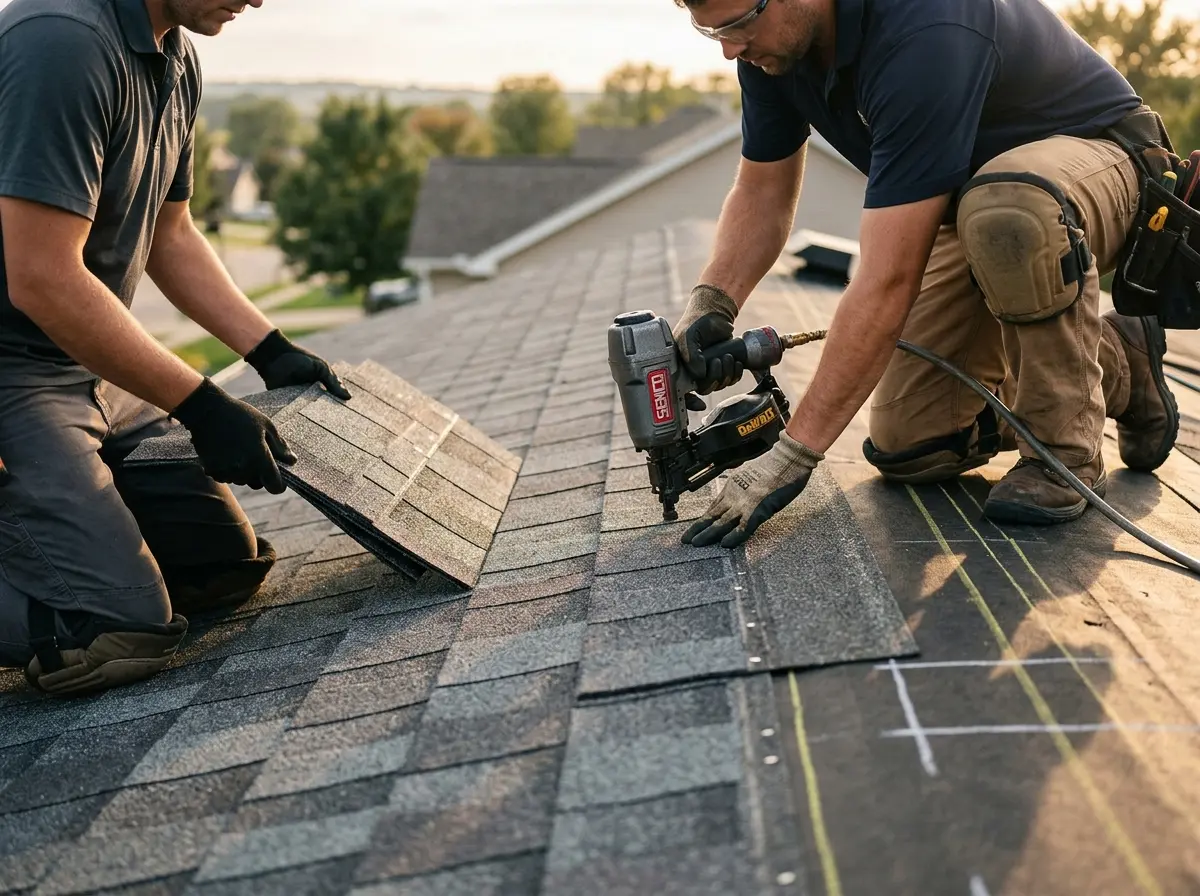 Professional roofer working on a residential roof in Fort Thomas